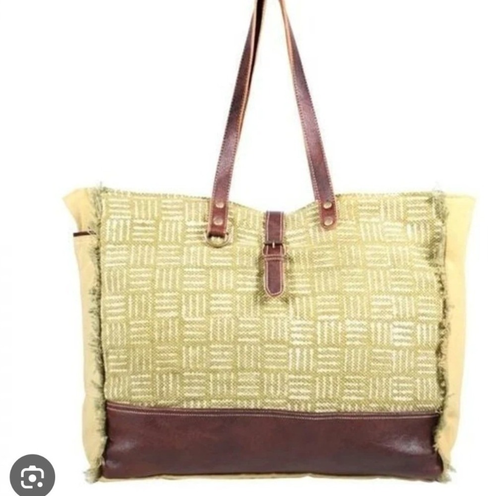 Myra Bag Upcycled Green Canvas Leather Rug Large Tote Weekender Bag